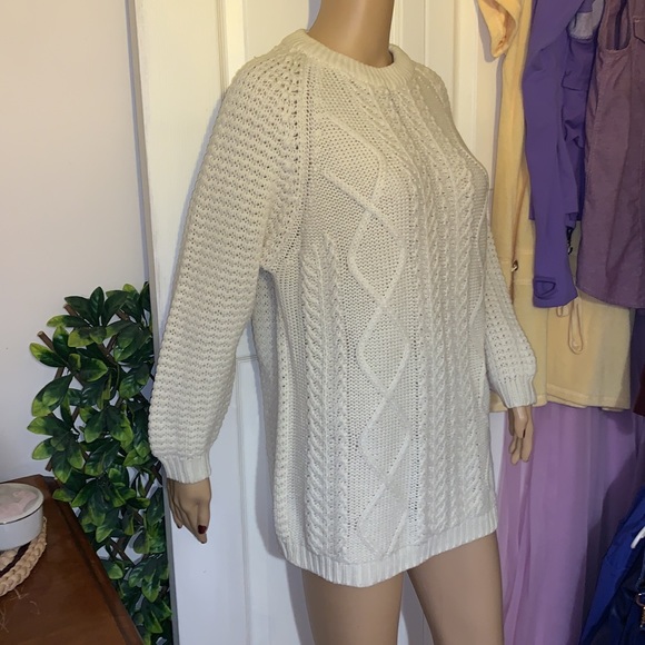 Vintage crew neck ivory cream cable knit tunic sweater pullover M L - Picture 6 of 12